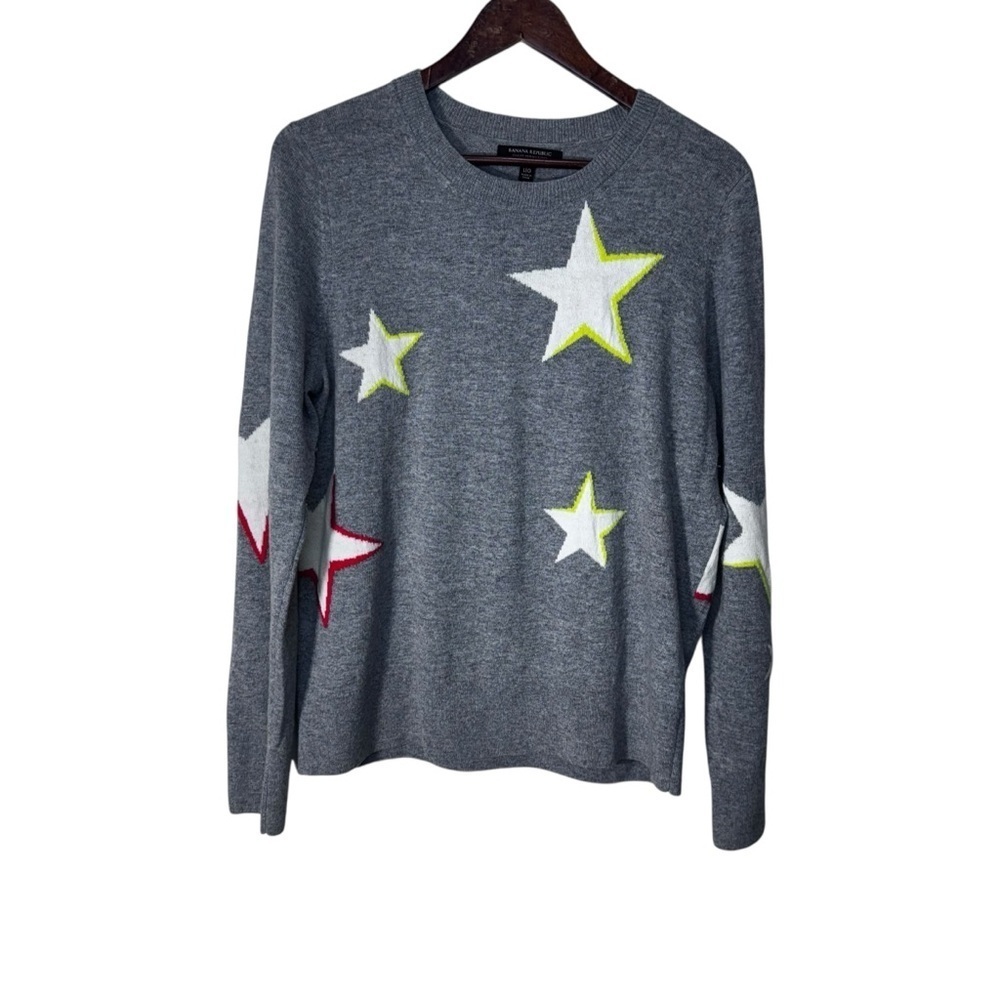 Banana Republic Grey Wool Blend Long Sleeve Crew Neck Star Sweater Size Large